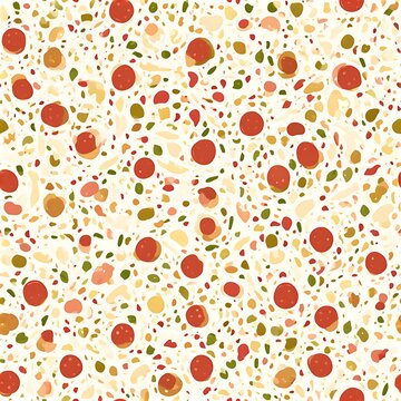 Seamless pizza toppings pattern with peppers, olives, and cheese