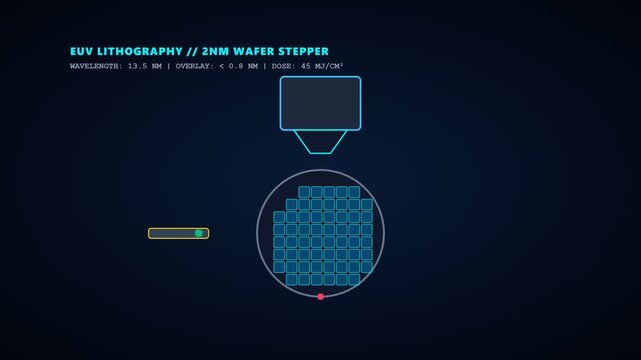 Microchip fabrication process simulation showing silicon wafer lithography engineering