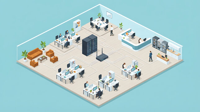 Isometric Office Layout Showing Server Room Networking Connectivity