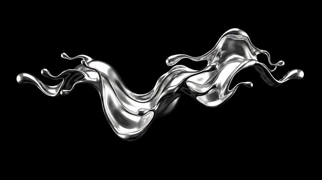 Abstract liquid silver chrome splash on black background.