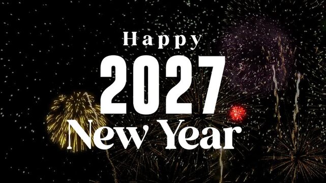 An animated 2027 New Year greeting template featuring festive fireworks. a lively New Year's Eve celebration atmosphere. Horizontal video. HD, 4K.