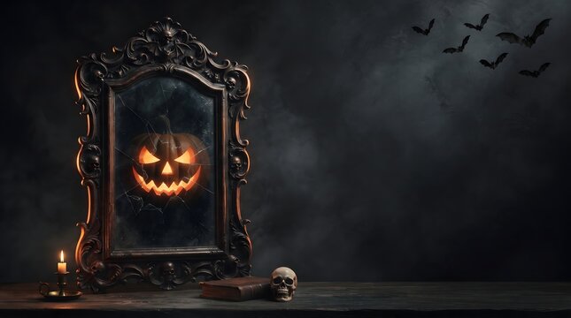 A spooky glowing jack o lantern reflected in an ornate vintage mirror with bats and skull on dark background