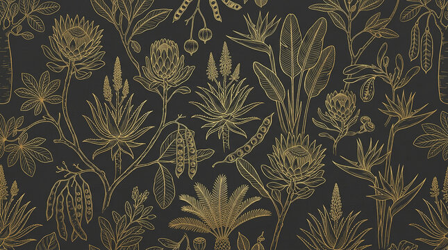 botanical seamless pattern in gold on a dark background, illustrating natural elegance for wallpaper and textiles.