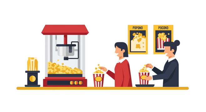 Cinema Snack Bar Vector Illustration with Popcorn Machine and Staff