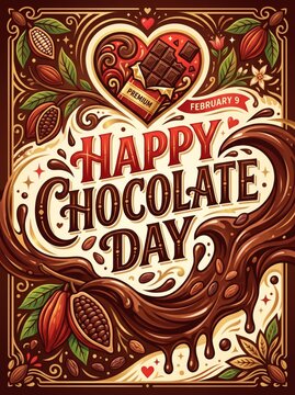Happy Chocolate Day greeting card with ornate lettering, chocolate bar in heart shape and swirling melted cocoa. Sweet holiday poster design for february 9 celebration.