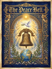 Fototapeta premium The peace bell with white dove holding olive branch above globe in ornate medieval illuminated manuscript style. World peace and harmony concept for international peace day