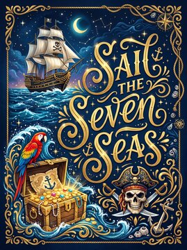 Sail the seven seas lettering with pirate ship, treasure chest, parrot and skull on night ocean background. Vintage pirate adventure poster for party invitation and kids design