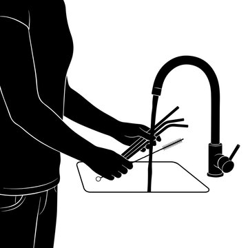 Person silhouette washing reusable metal straws in a kitchen sink vector graphic
