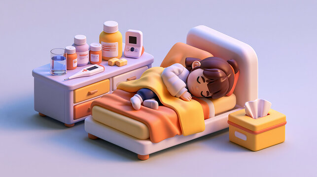 Child bedroom cozy isometric illustration sick medicine bed blanket tissue nightstand digital thermometer glass water bottle cartoon comfort rest recovery healthcare treatment illness sleep pillow