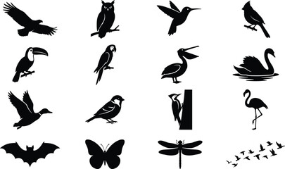 Naklejka premium Flying animals silhouette vector collection featuring birds owl eagle parrot butterfly bat and dragonfly isolated on white background