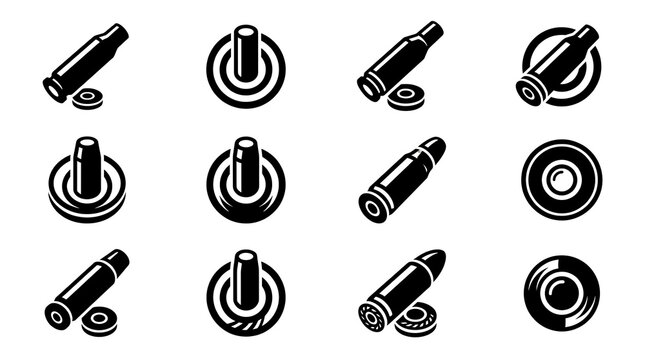 Vintage bullet cartridges collection, cartoon bullet icons set, vector bullets graphics, retro ammunition labels for tattoo, logo design, symbol illustrations on white background