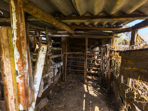 Interior of dilapidated wooden animal enclosure in Kyrgyzstan