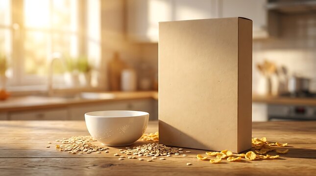 Blank cardboard cereal box and a bowl with healthy grain breakfast on a wooden kitchen table surface