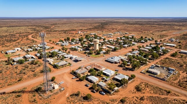 Aerial View of a Remote Outback Town with Telecommunications Tower and Water Tank in Arid Desert Landscape