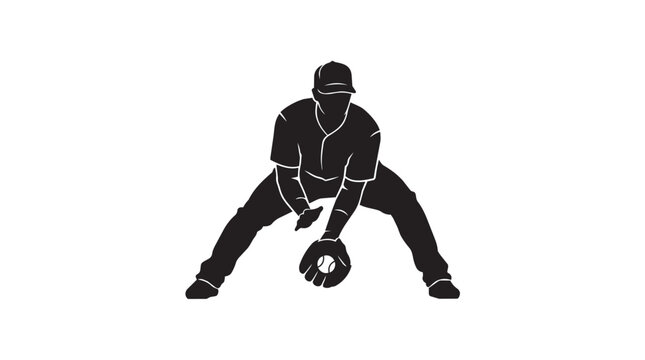 Black silhouette of a baseball infielder fielding a ground ball with a glove on a white background.