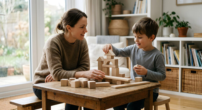 Elternteil unterst&uuml;tzt Kind beim kreativen Bauen