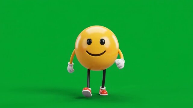 Walking 3D Smiley Face Emoji Character on Green Background