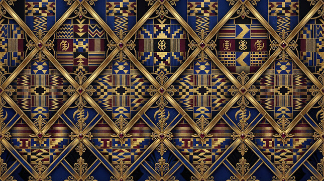 Geometric kente cloth pattern with gold embellishments and blue accents used as fabric design or wallpaper.