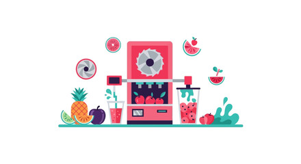 Fototapeta premium Flat Vector Illustration of Automated Fruit Juice and Smoothie Machine with Fresh Tropical Fruits