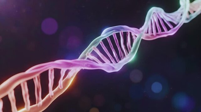 Rotating glowing DNA strand helix model against a dark space background with colorful bokeh light effects genetics biology science biotechnology genome