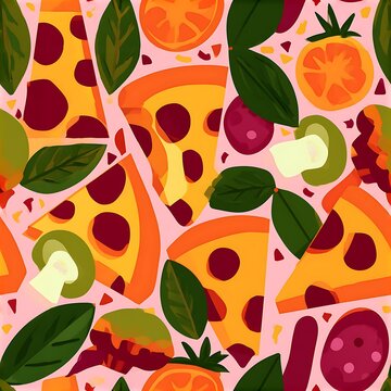 Seamless pizza ingredient pattern with slices and toppings on pink background