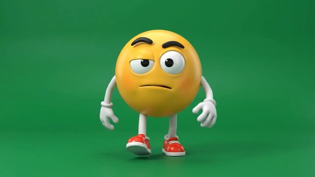 Skeptical 3D Emoji Character Walking on Green Background