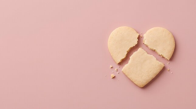 A poignant and symbolic image of a broken heart-shaped cookie on a pink background representing the end of a relationship loneliness divorce separation heartbreaker heartache mental health and family