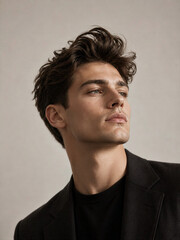 Fototapeta premium Young man in a black blazer looking thoughtfully to the side