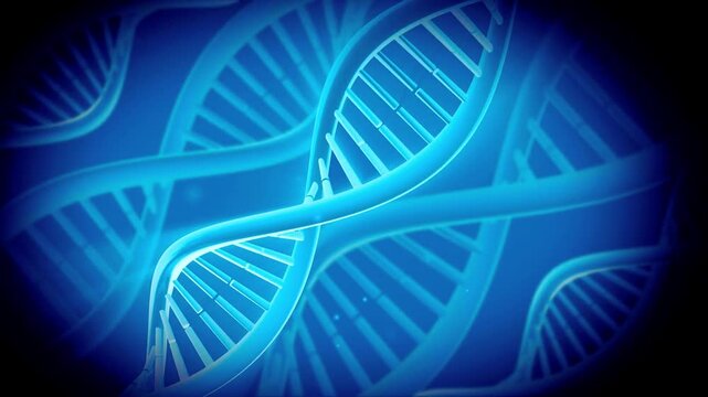 Complex glowing blue DNA double helix structures rotating seamlessly in a deep blue digital scientific environment genetics science biology biotechnology genome