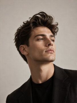 Young man in a black blazer looking thoughtfully to the side