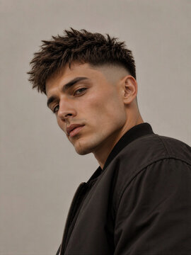 Young man with stylish haircut wearing a black bomber jacket