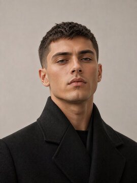 Man wearing a black coat with a neutral background