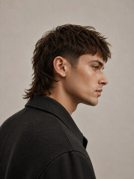 Profile view of a young man with a mullet hairstyle wearing a black jacket