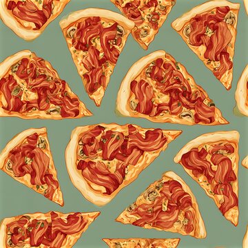 Seamless bacon pizza pattern with pizza slices on a green background