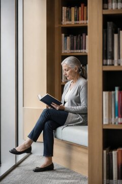 Mature woman reading a book in a library. Quiet study, lifelong learning, retirement leisure, literary culture, and peaceful intellectual recreation at home.