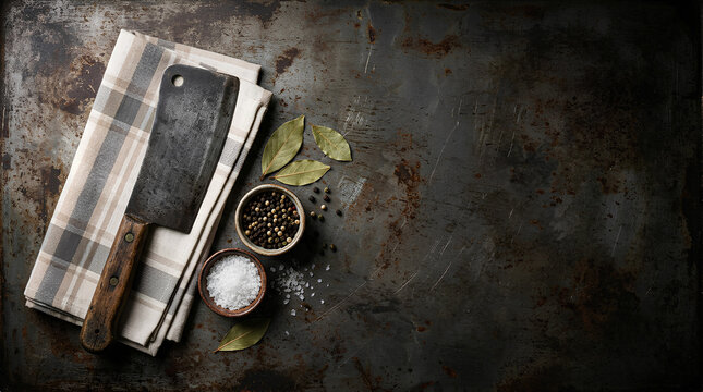 Rustic Kitchen Still Life with Professional Meat Cleaver, Assorted Cooking Spices, Herbs and Bay Leaves on Dark Textured Background
