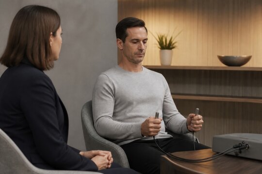 Man undergoing lie detector test while woman monitors the examination in a professional interview setting. Psychological assessment, investigation, truth verification, and forensic technology concept.
