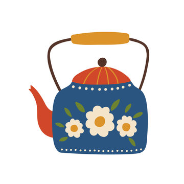 Decorative blue kettle with white flowers, green leaves, orange spout and lid. Colorful kitchen teapot isolated on white. Hand drawn illustration of floral cookware and tea drink accessory.