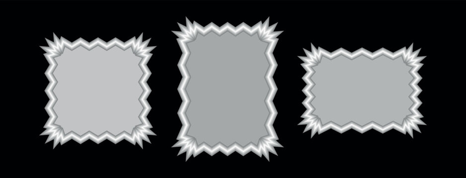 A vector graphic illustration showing three grey rectangular frames featuring dramatic spiky and jagged zig-zag borders on a black background.