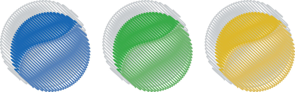 A vector graphic set of three abstract spheres rendered with a unique scribble line texture in blue green and yellow tones against a clean white background.