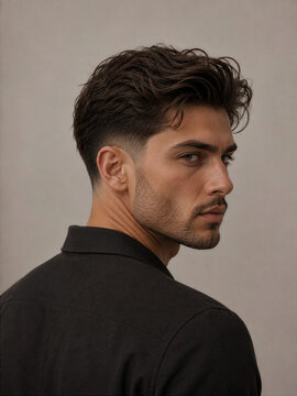 Young man with stylish hair looking over his shoulder