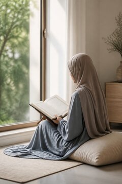 Muslim woman reading the Quran beside a sunlit window at home. Spiritual reflection, Islamic faith, peaceful prayer and religious study in a serene interior.