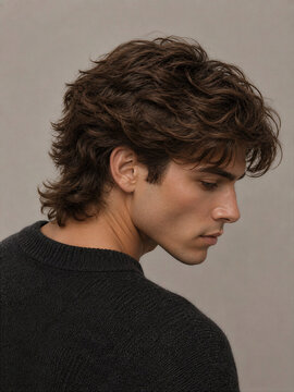 Profile view of a young man with textured hair wearing a dark sweater