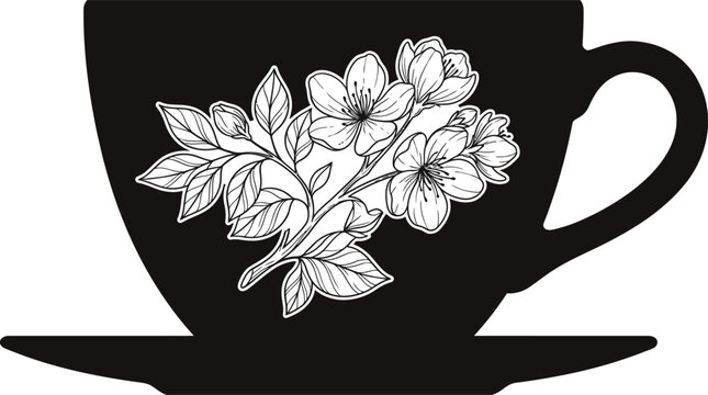 Vintage floral teacup silhouette, black tea cup with white cherry blossom line art, elegant botanical mug vector illustration