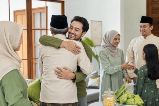 Indonesian Muslim family greeting each other with hugs and handshakes at home. Warm reunion during Eid al Fitr celebration with traditional clothing and festive food.