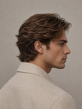 Profile portrait of a young man with styled hair wearing a light coat