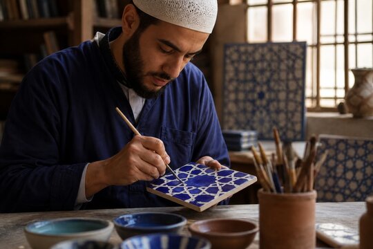 Muslim male artisan hand painting geometric patterns on ceramic tile in traditional workshop. Craftsmanship, cultural heritage, pottery design and handmade art concept.