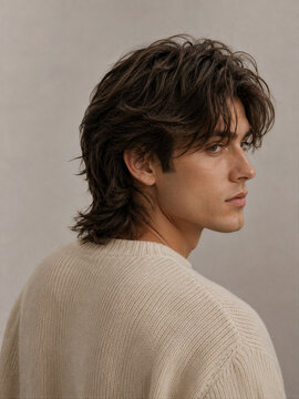Young man with long hair wearing a beige sweater