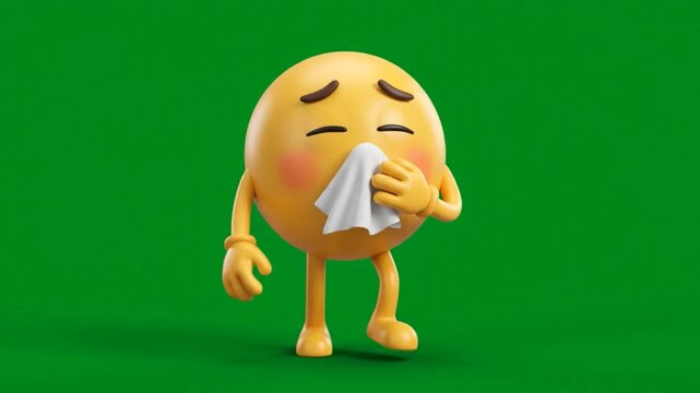 3D Sneezing Emoji Blowing Nose on Green Screen