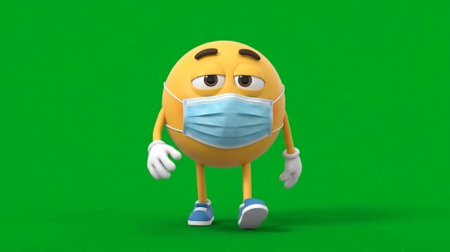 3D Emoji Character Wearing a Medical Mask Walking on Green Screen
